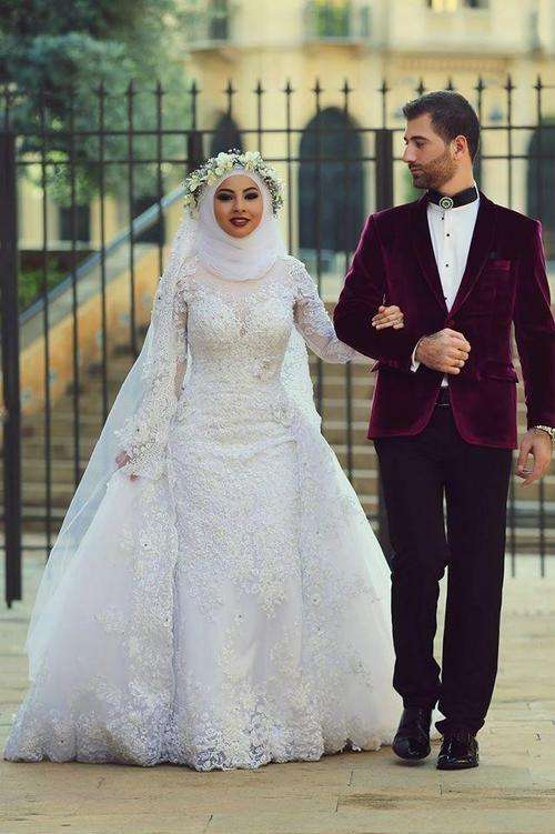 Custom Made White Arab Muslim Wedding Dress