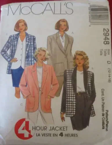 McCALLS 2948 LINED OR UNLINED JACKET SIZE D 12-14-16-COMPLETE