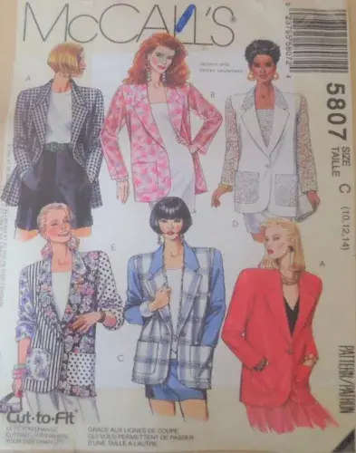 McCALLS 5807 VERY LOOSE UNLINED JACKET SIZE-C10-12-14 COMPLETE-ZIPLOC BAG