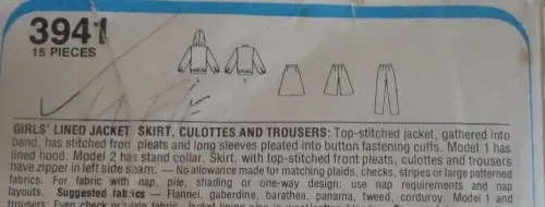 STYLE 3941 GIRL`S LINED JACKET-SKIRT-CULOTTES-PANTS SIZE 7 YEAR COMPLETE-UNCUT-F/FOLDED