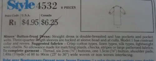STYLE 4532 BUTTON FRONT DRESS SIZE 10-12-14 COMPLETE