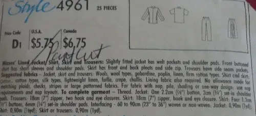 STYLE 4961 LINED JACKET-SKIRT-SKIRT-PANTS SIZE 10 COMPLETE & PART CUT STYLE 4961 LINED JACKET-SKIRT-