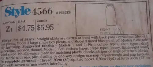 STYLE PATTERNS 4566 TAILORED SKIRT SIZE 10 -12-14 COMPLETE SUPPLIED IN A ZIPLOC BAG