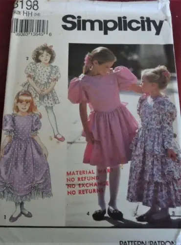 SIMPLICITY 8198 GIRL`S DRESS SIZE HH  3 - 6 YEARS SEE LISTING