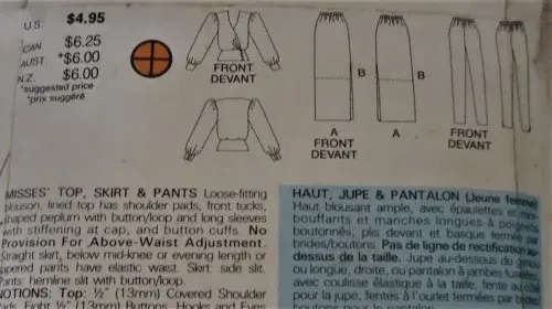 BUTTERICK PATTERN 3604 TOP-SKIRT-PANTS SIZE 14-16-18