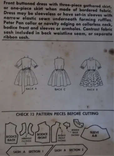 VINTAGE McCALL`S 6244 GIRL FRONT BUTTONED DRESS WITH 3 PIECE GATHERED SKIRT SIZE12 YEARS COMPLETE