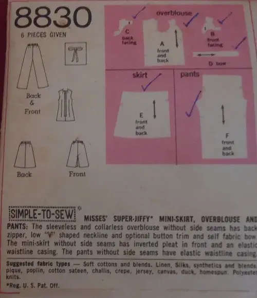 SIMPLICITY 8830 MINI SKIRT-OVERBLOUSE-PANTS SIZE 12 BUST 34` COMPLETE