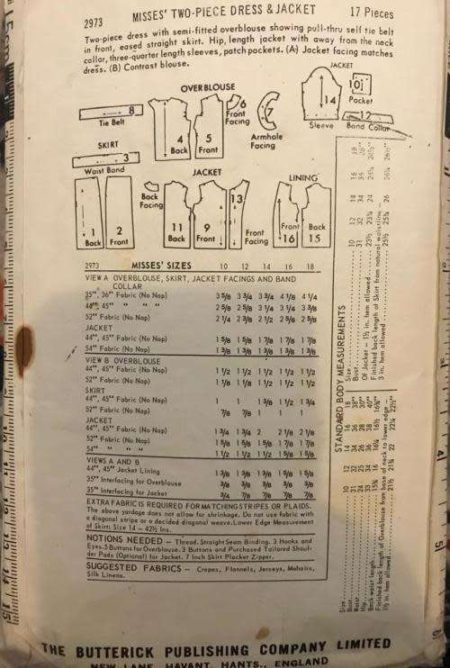 Sewing pattern Butterick 2973, ladies` vintage 2 piece dress and jacket