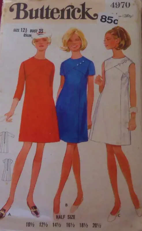 VINTAGE BUTTRICK PATTERNS 4970 ONE PIECE DRESS SIZE 14 1/2 BUST 35` COMPLETE-ZIPLOC BAG