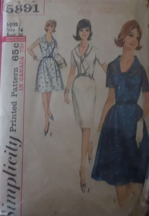 VINTAGE SIMPLICITY 5891 ONE PIECE DRESS WITH 2 SKIRTS SIZE 16 BUST 36`COMPLETE-ZIPLOC BAG