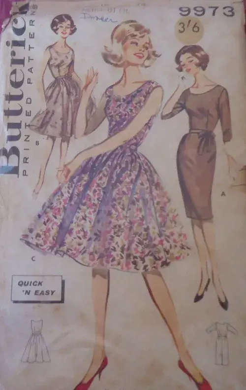 VERY RARE FIND  VINTAGE BUTTERICK 9973 FULL SKIRT DRESS SIZE 12 BUST 32` SEE LISTING -ZIPLOC BAG