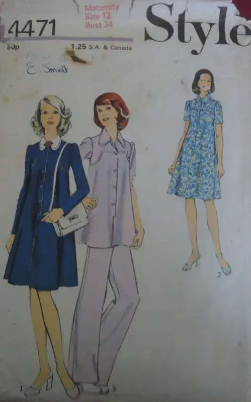 STYLE PATTERNS 4471 MATERNITY DRESS OR TUNIC WITH PANTS SIZE 12 BUST 34` COMPLETE