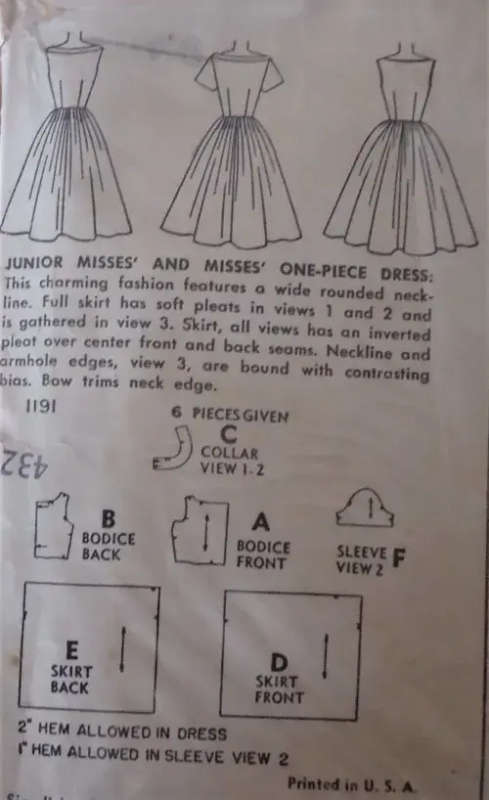 **VERY RARE** V/VINTAGE SIMPLICITY 1191 ONE PIECE DRESS SIZE 14 BUST 32` COMPLETE-ZIPLOC BAG