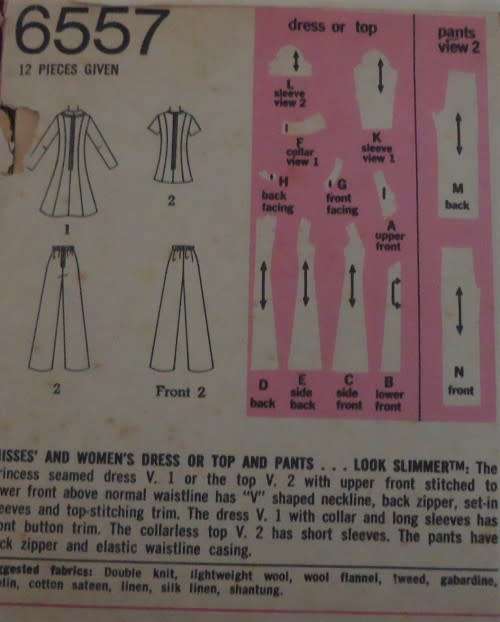 SIMPLICITY 6557 DRESS/TOP & PANTS SIZES 10 - 12 BUST 21 1/2-34` SEE LISTING