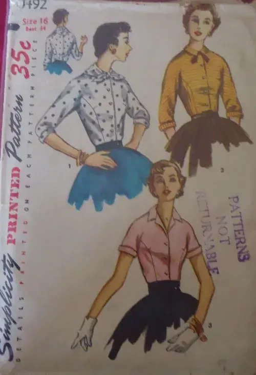 V/VINTAGE SIMPLICITY 1492 LADIES BLOUSES SIZE 16 BUST 34` COMPLETE-UNCUT-F/FOLDED-ZIPLOC