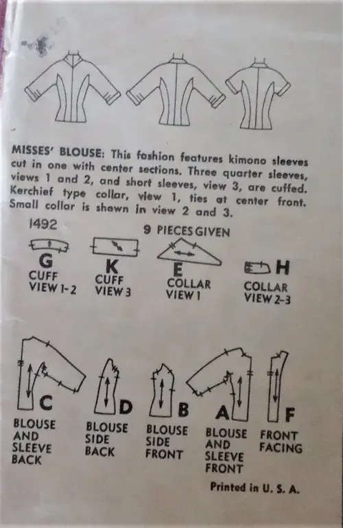 V/VINTAGE SIMPLICITY 1492 LADIES BLOUSES SIZE 16 BUST 34` COMPLETE-UNCUT-F/FOLDED-ZIPLOC