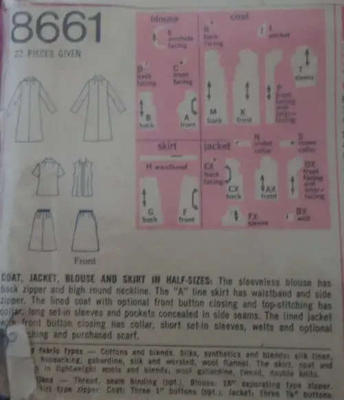VINTAGE SIMPLICITY 8661 COAT-JACKET-BLOUSE-SKIRT- SIZE18 1/2 BUST 41` COMPLETE-ZIPLOC BAG