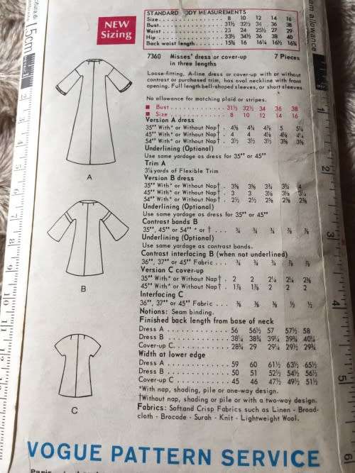 PATTERN VOGUE 7360 (SLEEVE AND FACING C EXCL) - DRESS OR COVER UP (SIZE 16)