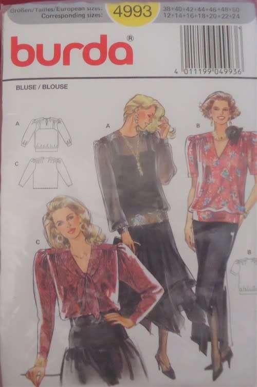 BURDA PATTERN 4993 BLOUSE IN 3 VERSIONS SIZES 12 + 14 + 16 + 18 + 20 + 22 + 24  COMPLETE BURDA PATTE