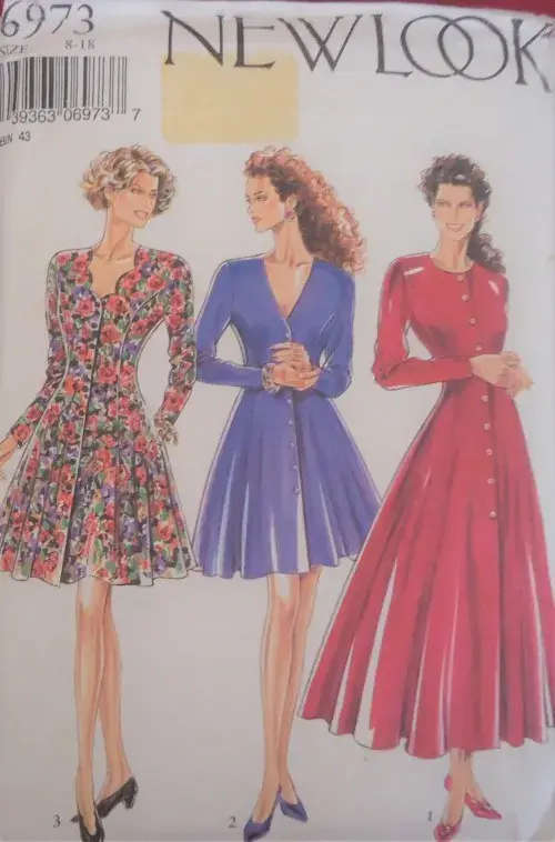 NEW LOOK PATTERNS 6973 FRONT BUTTON DRESS WITH VARIOUS NECK SHAPES SIZE 8 - 18 COMPLETE-UNCUT-F/FOLD