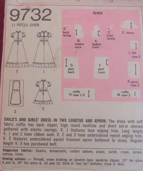 SIMPLICITY PATTERNS 9732 GIRL`S DRESS WITH APRON SIZE 8 YEARS BREAST 27` COMPLETE