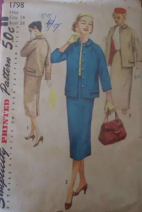 V/VINTAGE SIMPLICITY 1798 TWO PIECE SUIT SIZE 14 BUST 34` COMPLETE-UNCUT-F/FOLDED-ZIPLOC BAG