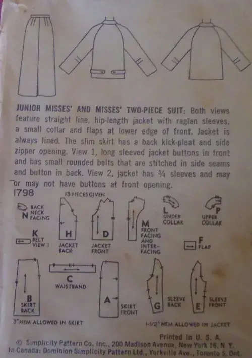 V/VINTAGE SIMPLICITY 1798 TWO PIECE SUIT SIZE 14 BUST 34` COMPLETE-UNCUT-F/FOLDED-ZIPLOC BAG