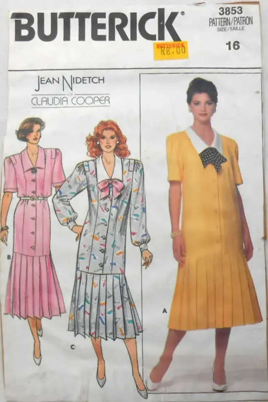 BUTTERICK 3853 FRONT BUTTON DRESS WITH PLEATED SKIRT SIZE 16 COMPLETE-ZIPLOC BUTTERICK 3853 FRONT BU