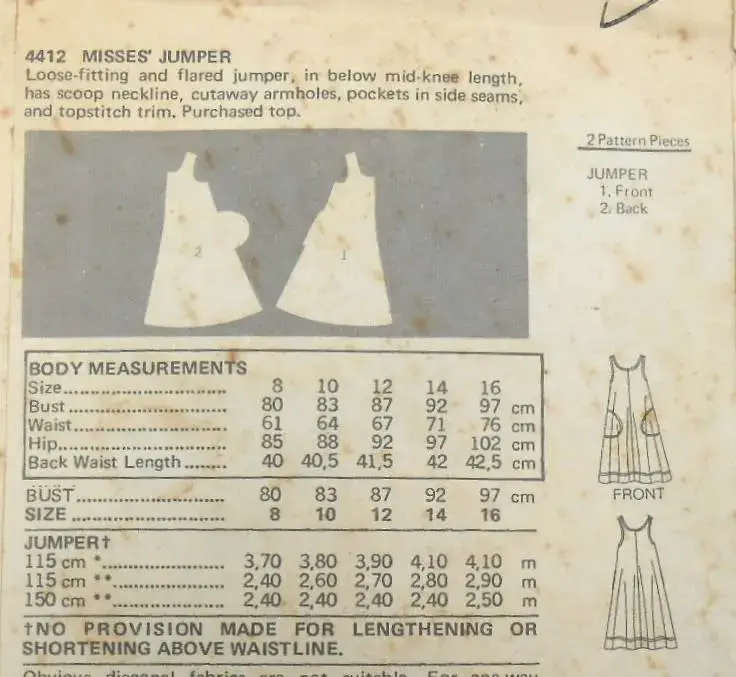 BUTTERICK 4412 LOOSE FITTING PINAFORE SIZE 12 BUST 87 CM COMPLETE