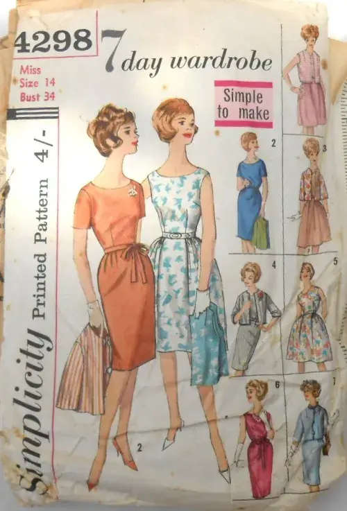 RARE FIND - VINTAGE SIMPLICITY 4298 7 DAY WARDROBE SIZE 14 BUST 34 COMPLETE-ZIPLOC