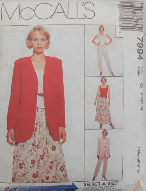 PLUS SIZE McCALLS 7994 JACKET-WAISTCOAT-PULL ON PANTS-PULL ON SKIRT SIZE G 20-22-24 COMPLETE