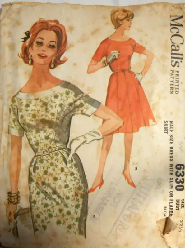 PLUS SIZE VINTAGE McCALLS 6330 DRESS WITH FLARED SKIRT SIZE 22 1/2 BUST 43 COMPLETE-NO SLIM SKIRT PA