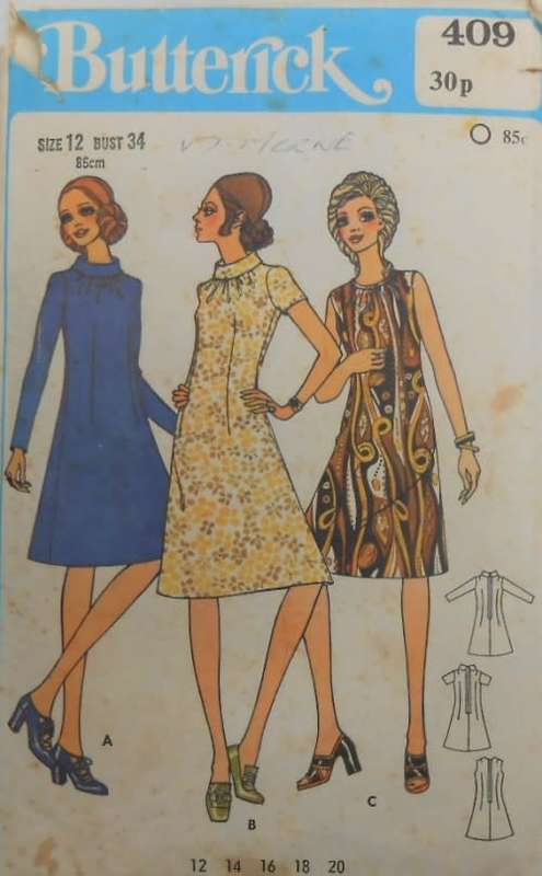 BUTTERICK 409 SEMI FITTED A-LINE DRESS SIZE 12 BUST 34 COMPLETE