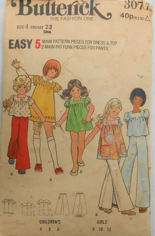 BUTTERICK 3077 GIRLS DRESS-PANTS-TOP SIZE 4 YEARS BREAST 23 COMPLETE