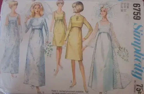 RARE FIND * SIMPLICITY 6759 WEDDING DRESS+DETACHABLE TRAIN OR EVENING DRESS+JACKET SIZE 14 BUST 34`
