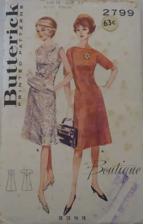 VINTAGE BUTTERICK PATTERN 2799 SEMI FITTED DRESS SIZE 14 BUST 34` COMPLETE-UNCUT-F/FOLDED VINTAGE BU