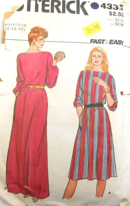 BUTTERICK 4335 LOOSE FITTING DRESS SIZE 12-14-16 COMPLETE-ZIPLOC SEWING PATTERN