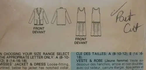 BUTTERICK 5511 DRESS & JACKET SIZE B 14-16-18 COMPLETE-PART CUT SEWING PATTERN
