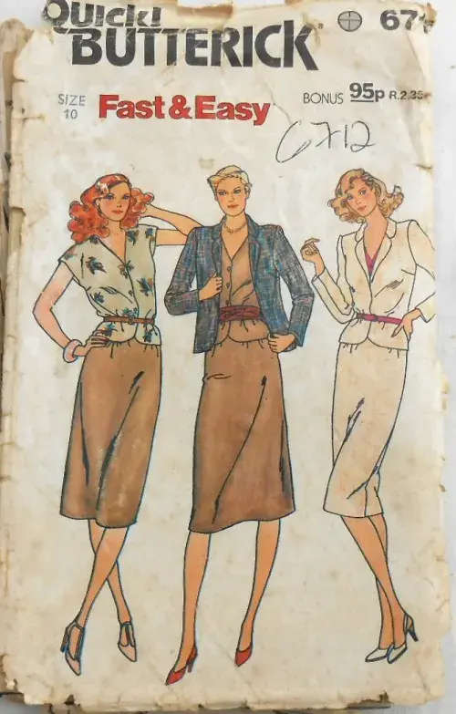 BUTTERICK 6712 JACKET-TOP-SKIRT SIZE 10 -ZIPLOC PG  3 INSTRUCTIONS MISSING  SEWING PATTERN