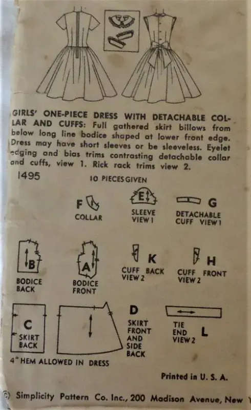VINTAGE SIMPLICITY PATTERN 1495 GIRLS DRESS+ DETACHABLE COLLAR & CUFFS SIZE 10 YEARS  SEWING PATTERN