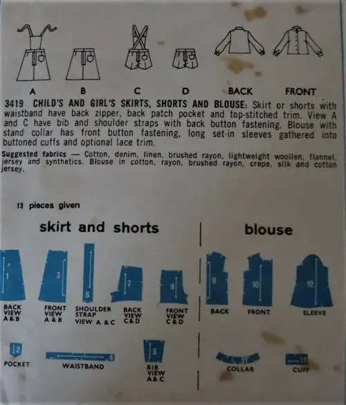 STYLE 3419 GIRLS SKIRT-SHIRT-BLOUSE SIZE 12 YEARS COMPLETE SEWING PATTERN