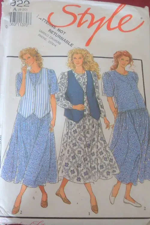 STYLE 1922 DRESS WITH BUTTON FRONT & WAISTCOAT SIZE 6 - 20 - CUT TO SIZE 20 COMPLETE SEWING PATTERN
