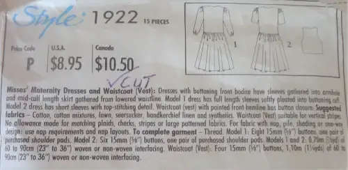 STYLE 1922 DRESS WITH BUTTON FRONT & WAISTCOAT SIZE 6 - 20 - CUT TO SIZE 20 COMPLETE SEWING PATTERN