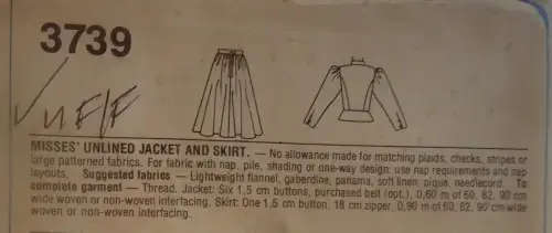 STYLE 3739 UNLINEDJACKET & SKIRT SIZE 10 COMPLETE-UNCUT-F/FOLDED-ZIPLOC BAG - SEWING PATTERN
