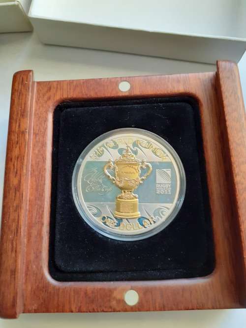 Rugby world cup RWC 2011 Webb Ellis Cup Coin Silver proof coin with 24- carat gold gilding.