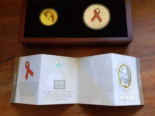 Mandela Red Ribbon Twinset 2012 1/2 ounce gold coin , 1 ounce silver coin. Norway Mint only 2500.