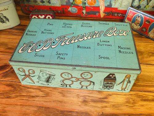 ****VERY RARE VICTORIAN HUNTLEY & PALMERS ?? C.C.B TREASURE BOX SEWING TIN.