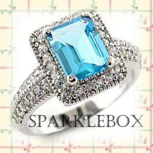 ***CLASSIC VINTAGE STYLE PRONG SETTING AQUAMARINE SIMULATED DIAMOND BAND RING*** SIZE 8
