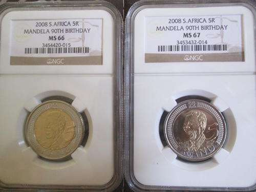 NELSON MANDELA MS 66 + MS 67 R5 birthday coins!!!!! NGC Graded - very high graded coins!! *