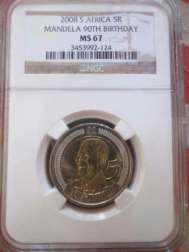2008 SA Nelson Mandela 90th birthday MS 67 R5 coin!! NGC GRADED!! VERY HIGH GRADED MS67 COIN
